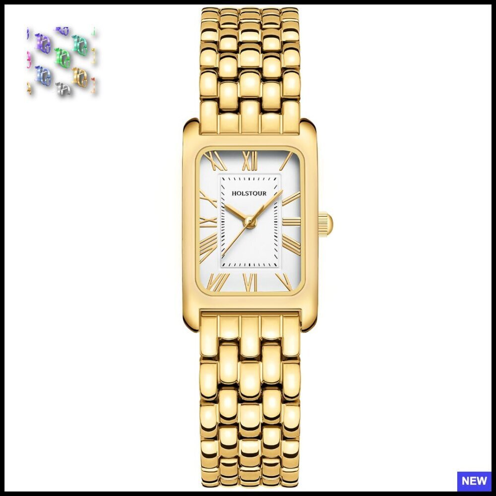 Vintage Rectangular Gold Watch with Roman Dial Stainless Steel Bracelet